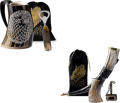 FENRIR Cuerno vikingo para beber con soporte de cuerno y borde de latón Taza vikingo con abridor - Acabado lobo