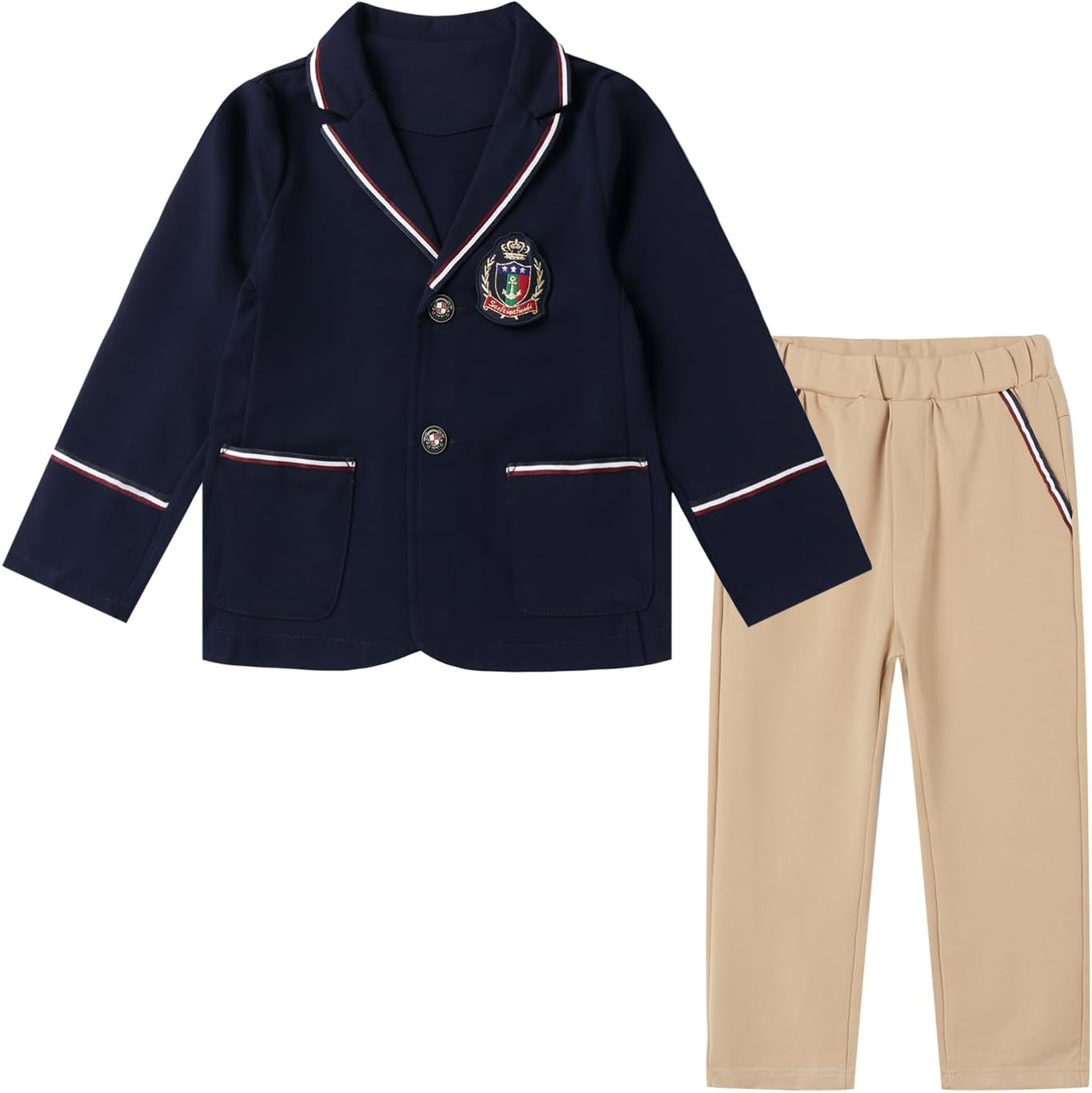 Mud Kingdom Little Boy British School Uniform Pants Set Long Sleeve with Tie Navy Blue and Solid Pant Khaki Formal Back to School Size 7-8