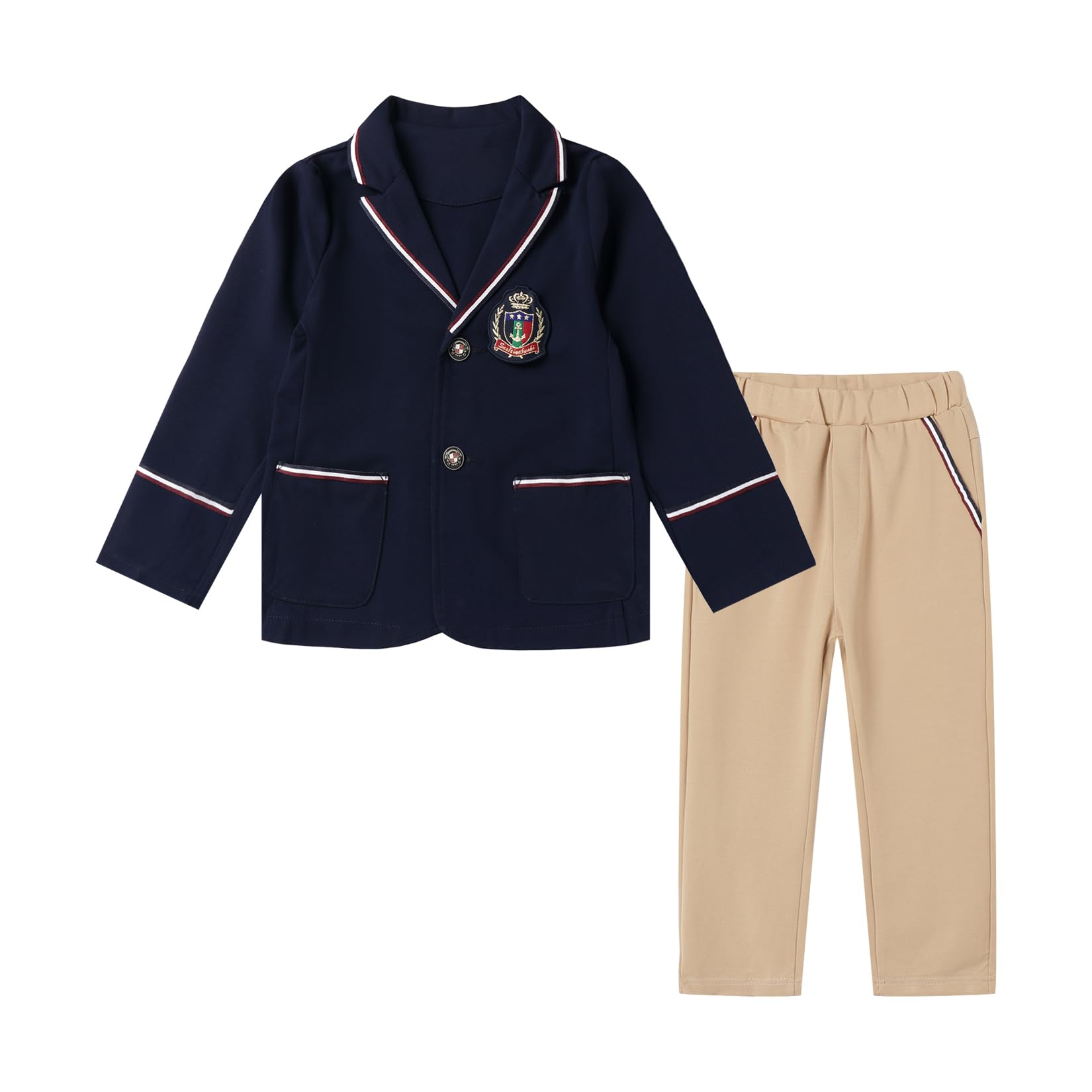 Mud Kingdom Conjunto de pantalones de uniforme escolar británico para niños, manga larga, con insignia plisada a cuadros para regreso a la escuela, 4-16 años, Azul marino y caqui, 12-14