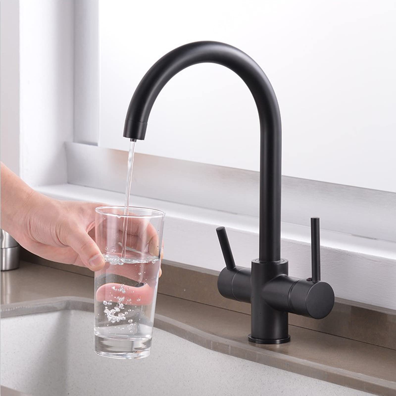 Grifo de cocina con filtro de 3 vías negro con boquilla giratoria de 360 grados, purificador de agua potable, grifo mezclador para fregadero