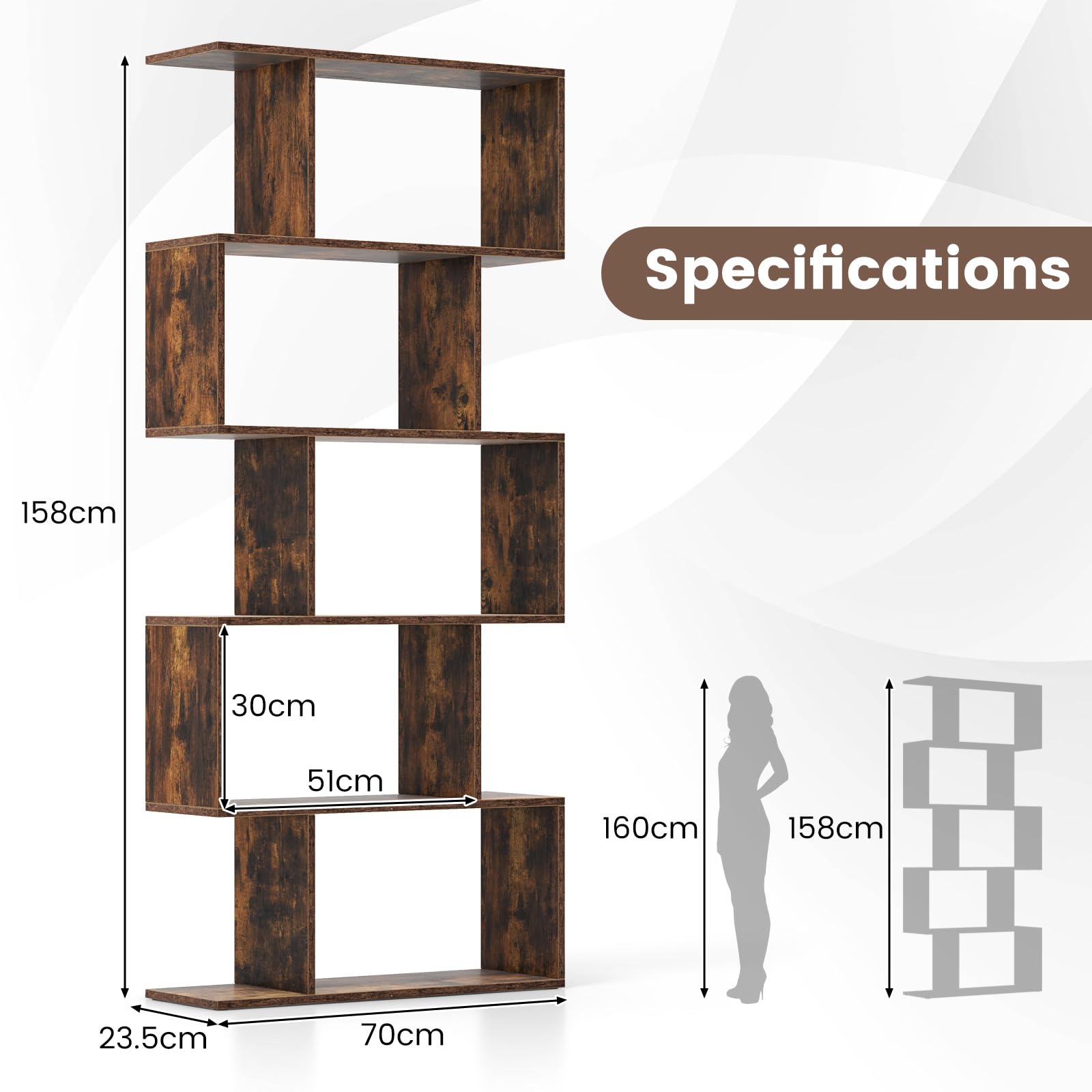 Libreria A Forma Di S - 5 Ripiani, Legno, Nero, 70x23,5x158cm - Divisorio Elegante - Foto 2