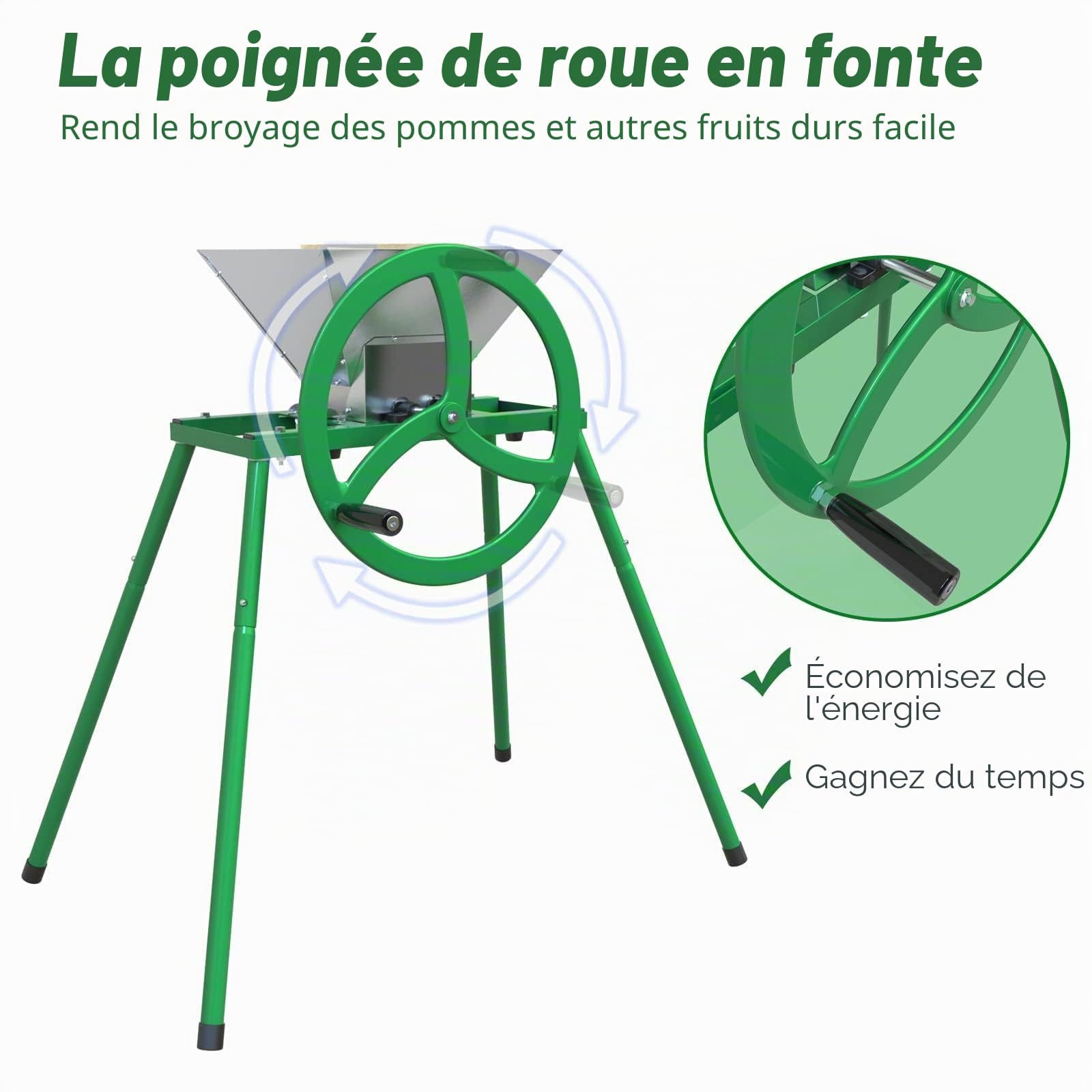 Broyeur de fruits et pommes avec volant d'inertie et support – Moulin à jus manuel en acier inoxydable de 7 L, broyeur à fruits pour pressage du vin et du cidre
