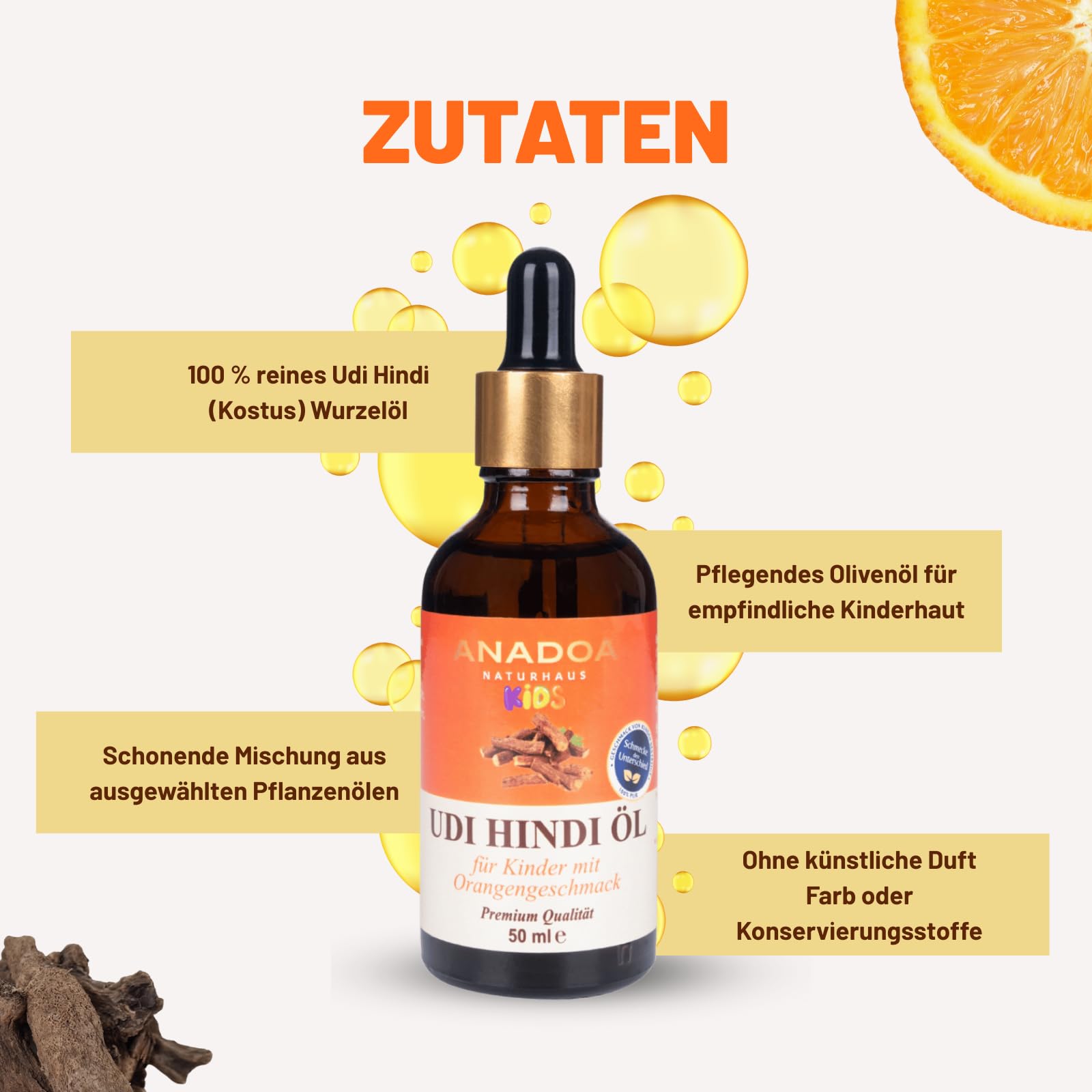 Anadoa Udi Hindi Öl für Kinder mit Orangengeschmack 50 ml | Qust al Hindi & Costusöl (Dolomiaea costus) | Kaltgepresstes Naturöl mit Olivenöl | Für sanfte Kinderpflege & Aromatherapie