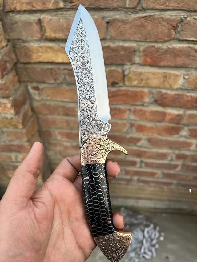 Hand Engraved D2 Steel Hunting Knife with Honey Resin Handle Decorative Pattern Premium Leather Sheath