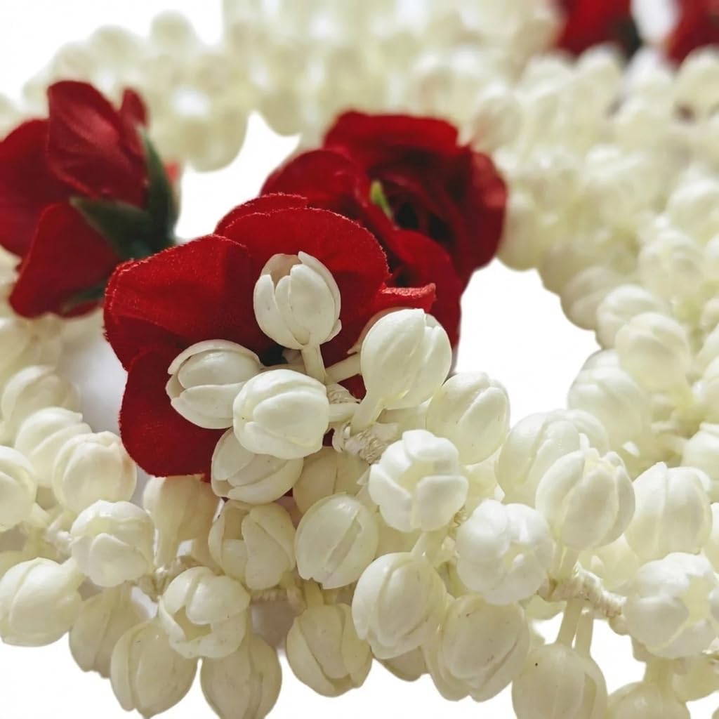 LOVENSPIRE Artificial Jasmine Buds Rose Garland for Festivals Pooja Indian Muslim Wedding Housewarming Diwali Decorations Eid Decoration Mehndi Party Day (Red Rose & White, 4Strings / 5Feet)