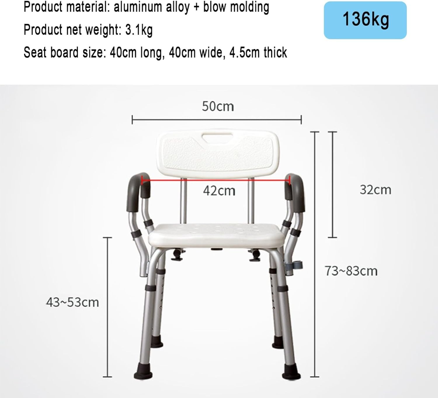 Silla de Ducha for Personas Mayores Asiento de baño for Personas Mayores,Silla Impermeable con Brazos y Respaldo,Taburetes de Ducha Interiores de aleación de Aluminio(B)