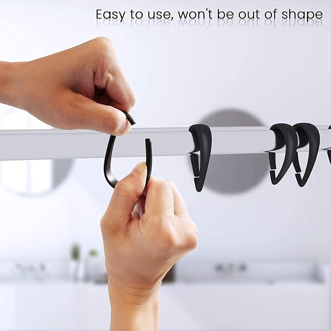 Qulable Shower Curtain Rings, 12 Pcs Plastic Hooks Drop-Shape Rings Hook Hanger for Bathroom Shower Rod, Easy Snap Closure (Black)