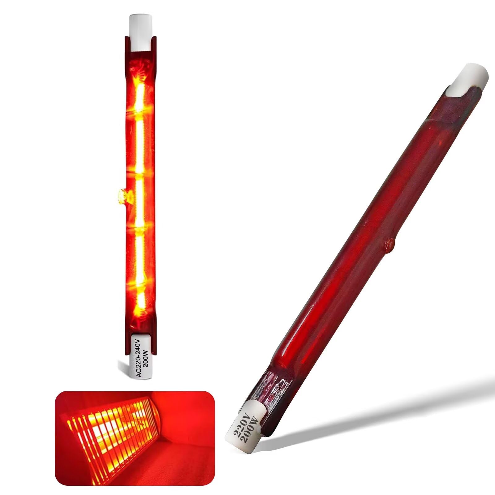 Infrared Heat Bulb 200W, Infrared Quartz Heater Halogen Bulb Dimmable, 200W 118mm R7S Heating Light Bulbs, 200lm, AC 220V Ruby Heater Bulbs for Heatmaster U3, No Flicker, 360° Beam Angle, 2 Packs
