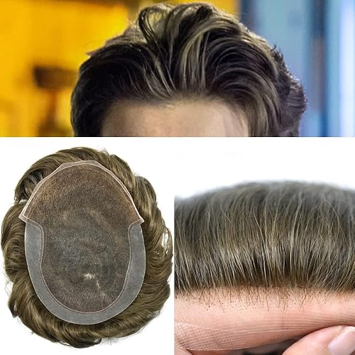 Miniatura 3 de Sistema de cabello para hombre con encaje frontal suizo con poliuretano alrededor de la base de cabello humano virgen europeo duradero para hombre