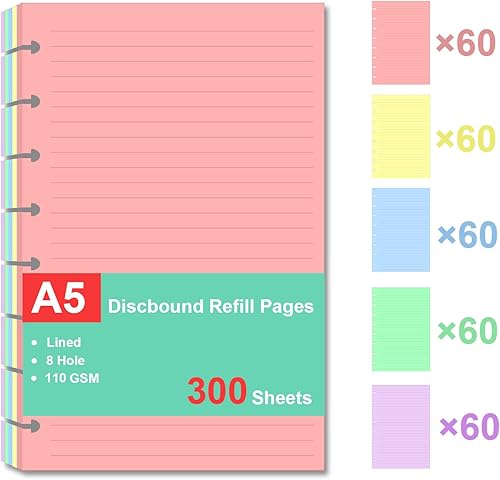 Miniatura 8 de Papel de recambio de tamaño junior, papel de hojas sueltas A5 para sistema de toma de notas personalizado TUL, 5 colores (20 hojasC), total 100