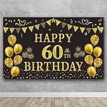 Trgowaul 60th Birth Backdrop Gold and Black 5.9 X 3.6 Fts Happy Birthday Party Decorations Banner for Women Men Photography Supplies خلفية عيد ميلاد سعيد الديكور