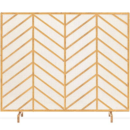 Best Choice Products 38x31in Single Panel Handcrafted Wrought Iron Mesh Chevron Fireplace Screen,...
