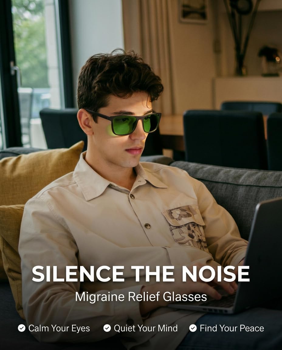 Bloomoak Green Light Migraine Relief Glasses – Blue Light Filtering Eyewear Designed to Reduce Visual Triggers, Screen Comfort for Work & Daily Use