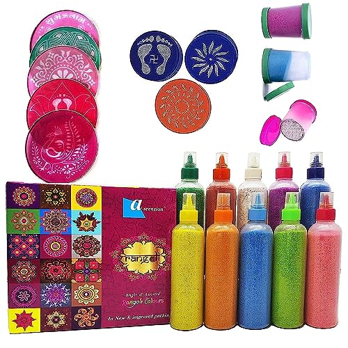 ascension 10 Rangoli Powder Colors 80 gm Each 2 Fillers, 3 Stencils & 3 Stamp Stencils Ceramic Colours Rangoli Making Tolls Kit Color Powder Rang for Navratri Pongal Pooja Mandir (Combo 1)