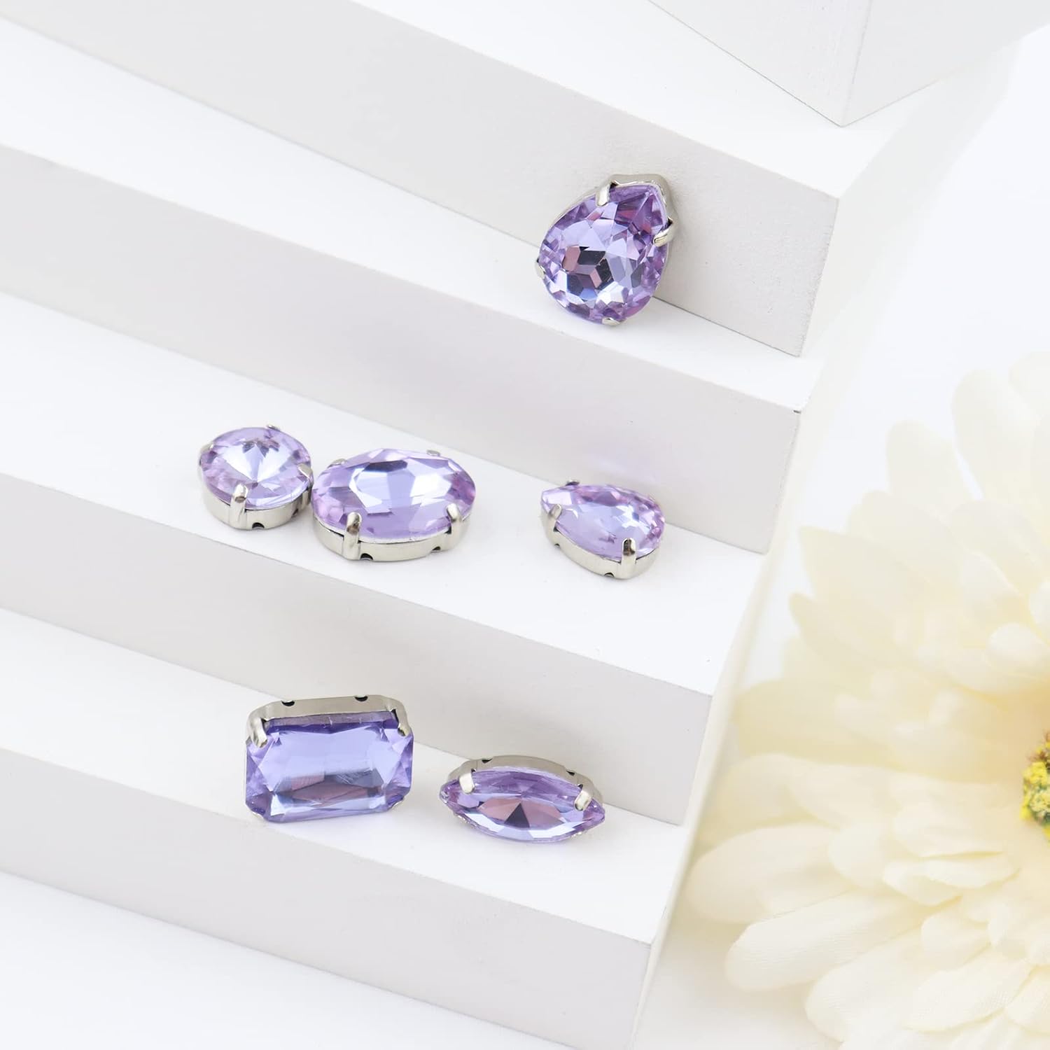 Sew On Rhinestones 120PCS Glass Claw Rhinestone Metal Prong Setting Flat Back Rhinestones for Craft, Jewelry, Clothes, Shoes, Garments Bags Silver Metal Base (Purple)