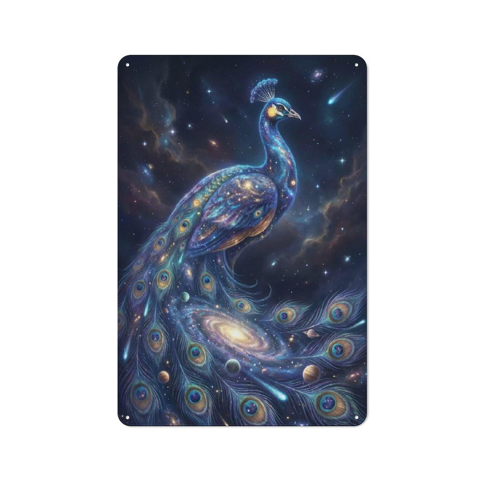 Junmoney Style-22 Country Style Cosmic Peacock In Starry Night Sky Decorative Metal Sign 30X20cm, Bistro Wall Plaque For Restaurant, Kitchen, Counter Or Breakfast Nook