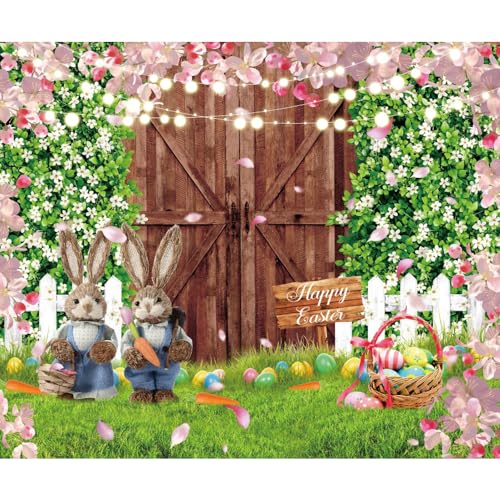 Renaiss 10x8 ft Spring Happy Easter Backdrop for Photography Cute Rabbit Colorful Eggs Flowers Wood Door Photo Background for Spring Easter Party Decorations, Polyester Fabric