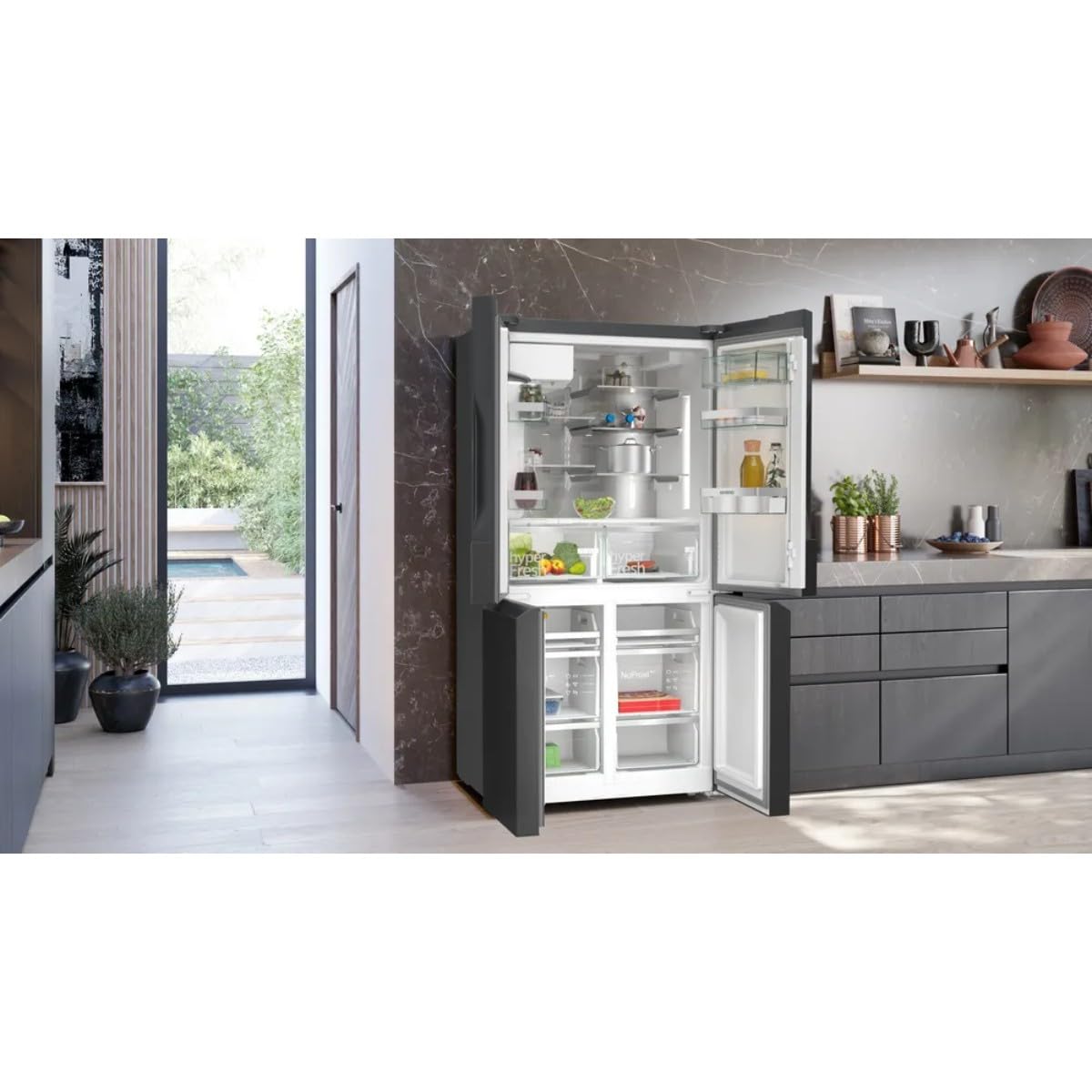 Siemens KF96DAXEA iQ500 - Frigorifero a più porte, 183 x 90,5 cm, raffreddamento da 375 l e congelamento da 199 l, noFrost, hyperFresh 0 gradi, multiAirflow per alimenti e bevande uniformemente
