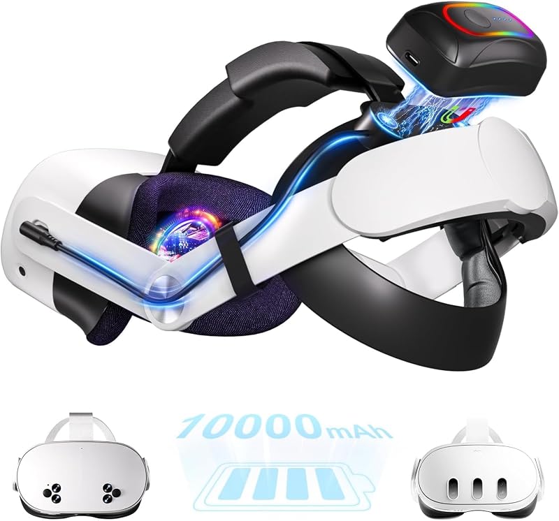 Correa magnética para cabeza de batería de 10000 mAh compatible con Meta Oculus Quest 2/3/3S, paquete de batería Cool RGB y fácil de reemplazar, extiende el tiempo de reproducción VR, comodidad premium y ajustable, reduce el estrés facial