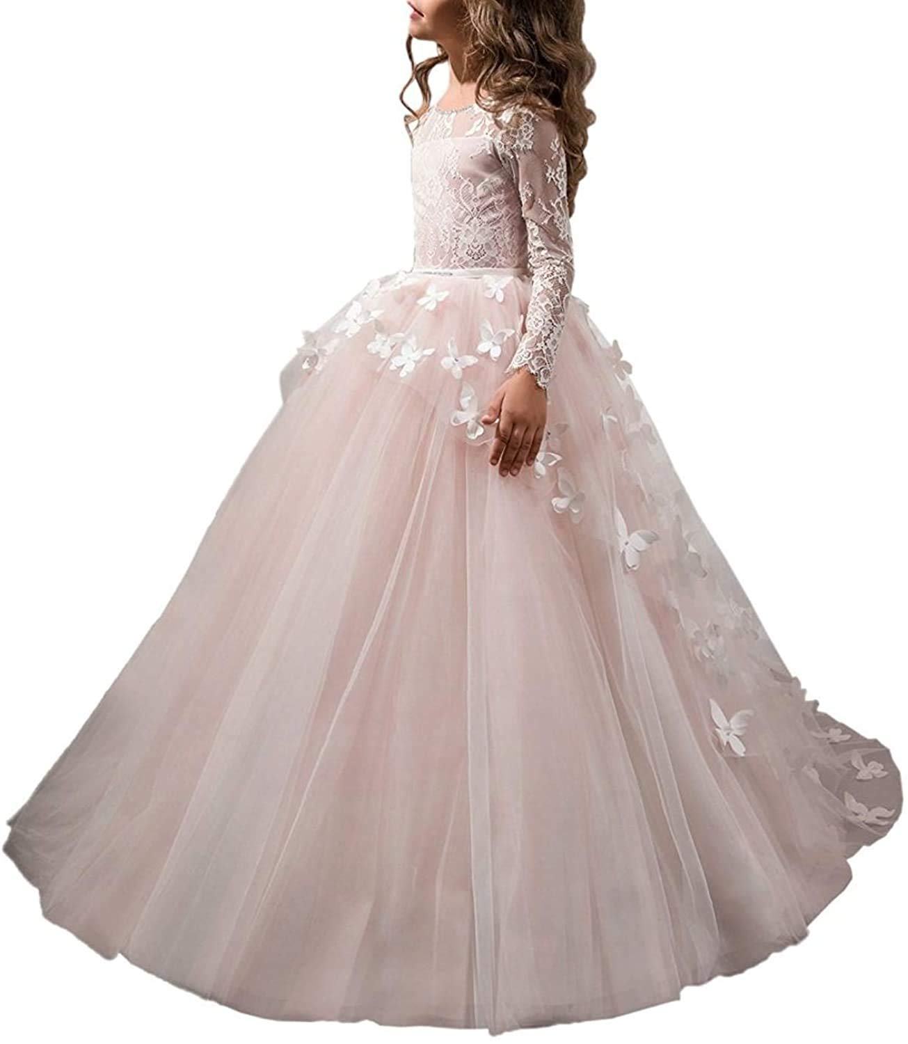 Aibaowedding Mädchen Prinzessinnenkleid Langarm Spitzenkleid Tüllrock | Langarm Festkleid mit Spitzenoberteil, üppigem Tüllrock und 3D-Schmetterlingen. Geeignet als Kommunion, Blumenmädchen