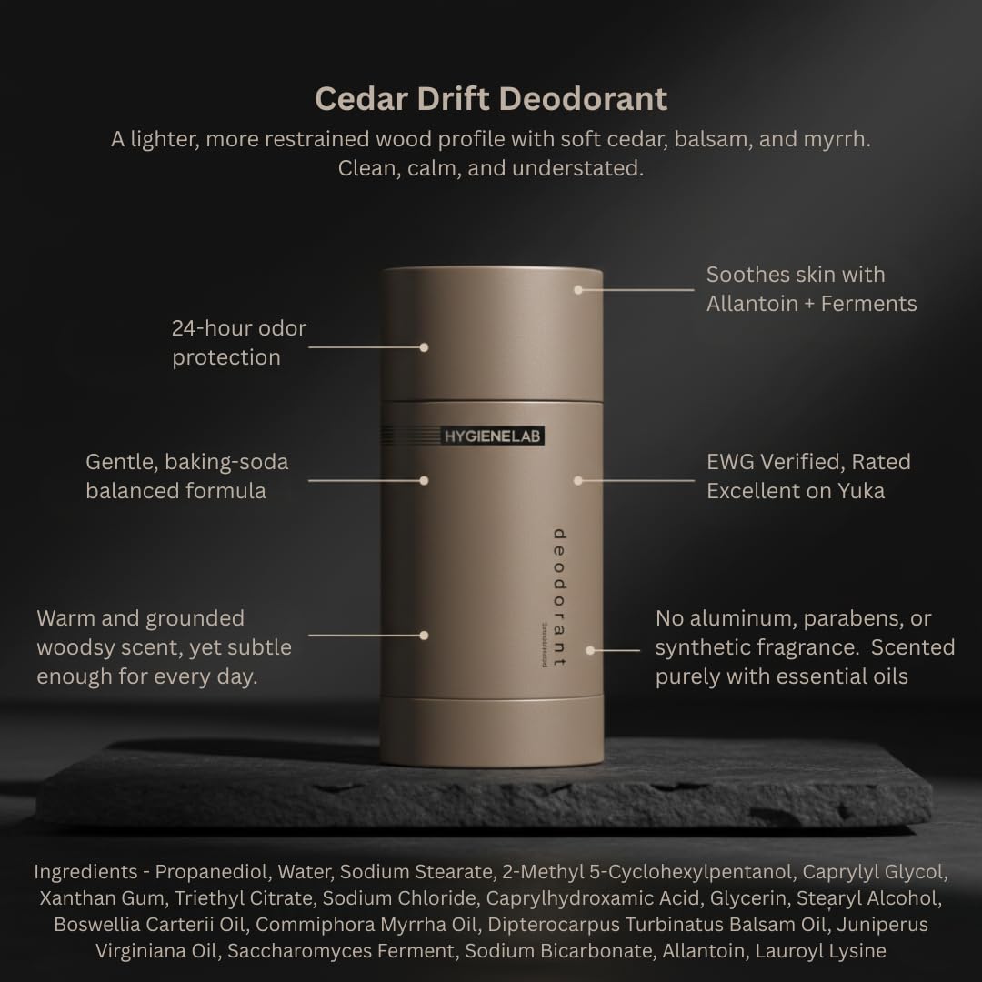 HygieneLab Men's Deodorant-Aluminum-Free, EWG Verified, Non-Toxic, Powered by Essential Oils, Non-Toxic Odor Protection for Sensitive Skin, Cedar Drift Scent