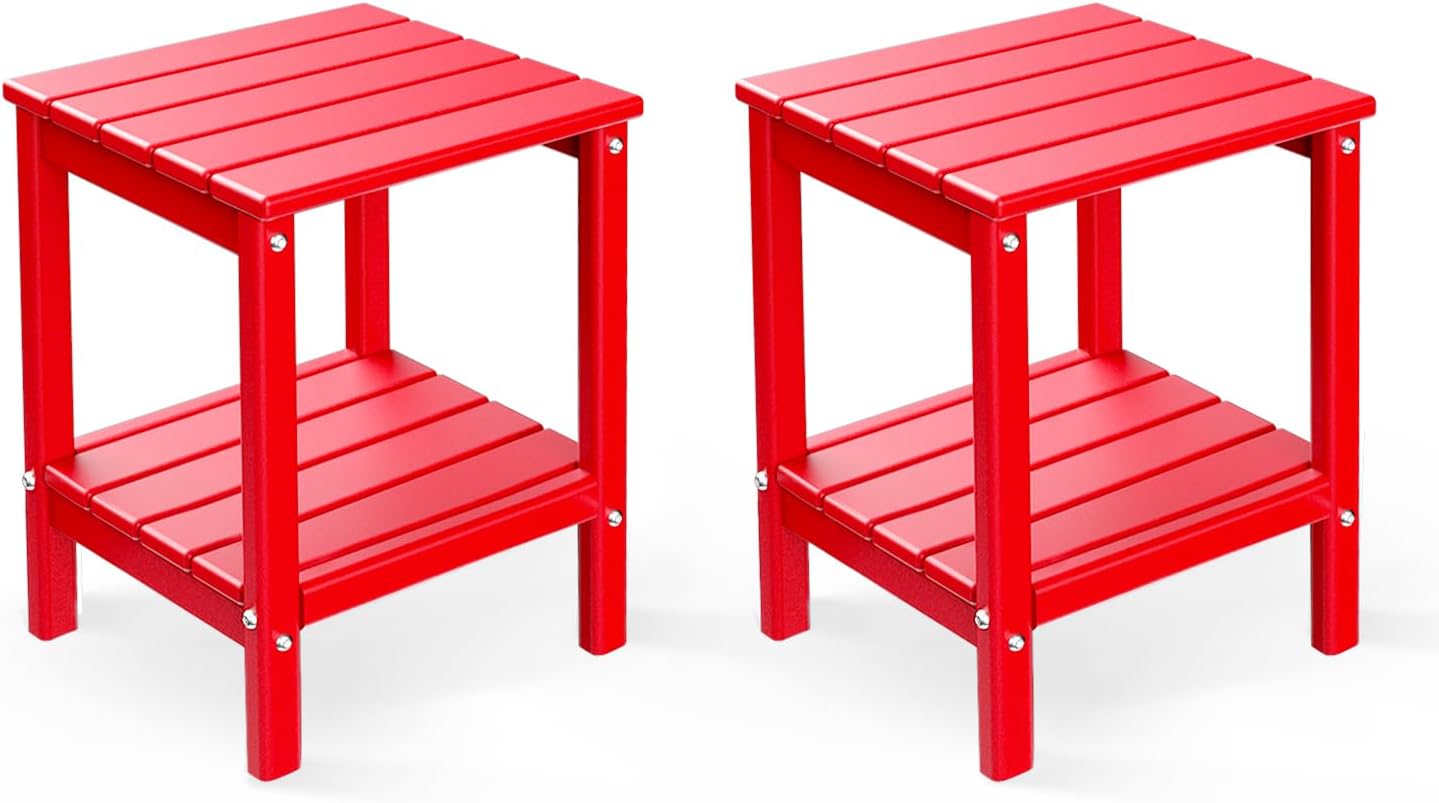 BRIOPAWS Outdoor-Side-Tables | Set of 2 | Small | HDPE Plastic | Patio End-Table | 2-Shelf Adirondack Outside Tables | All Weather | for Poolside Front Porch Indoor Living Room | 14" x 13" | Red