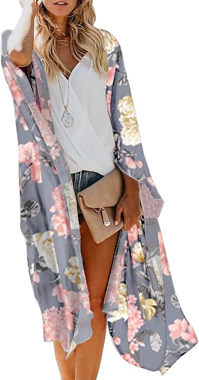 MayBuy Women's Summer Long Flowy Kimono Cardigans Boho Chiffon Beach Cover Up Tops