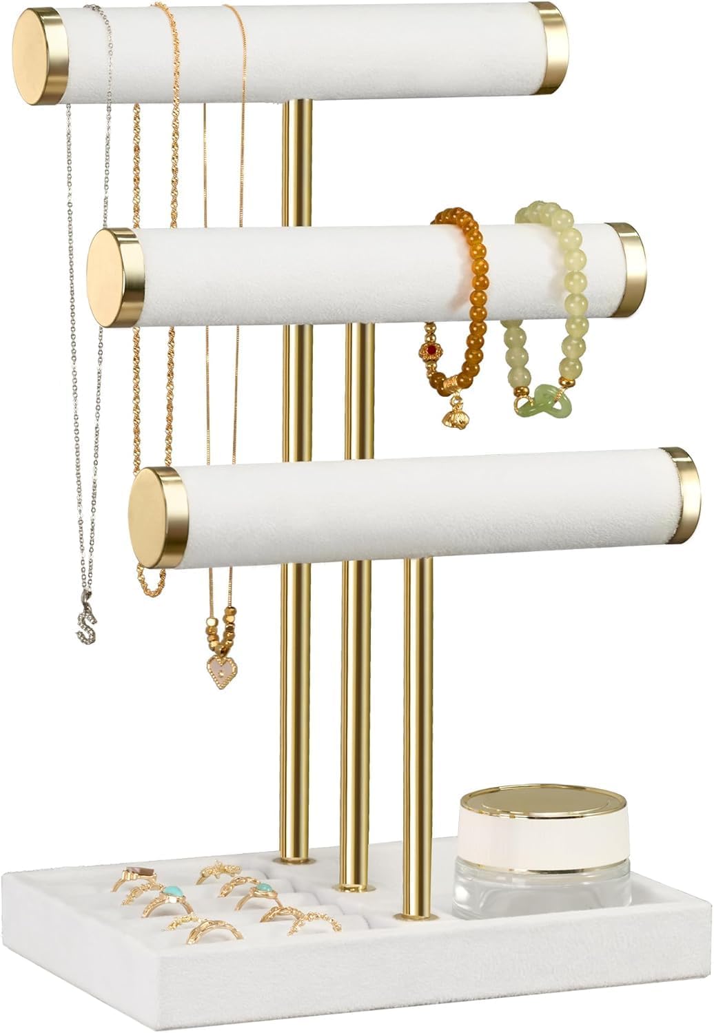 3 Tier Bracelet Holder Display - Detachable T-Bar Jewelry Organizer, White Velvet Stand for Bracelets, Necklaces, Watches & Rings (black)
