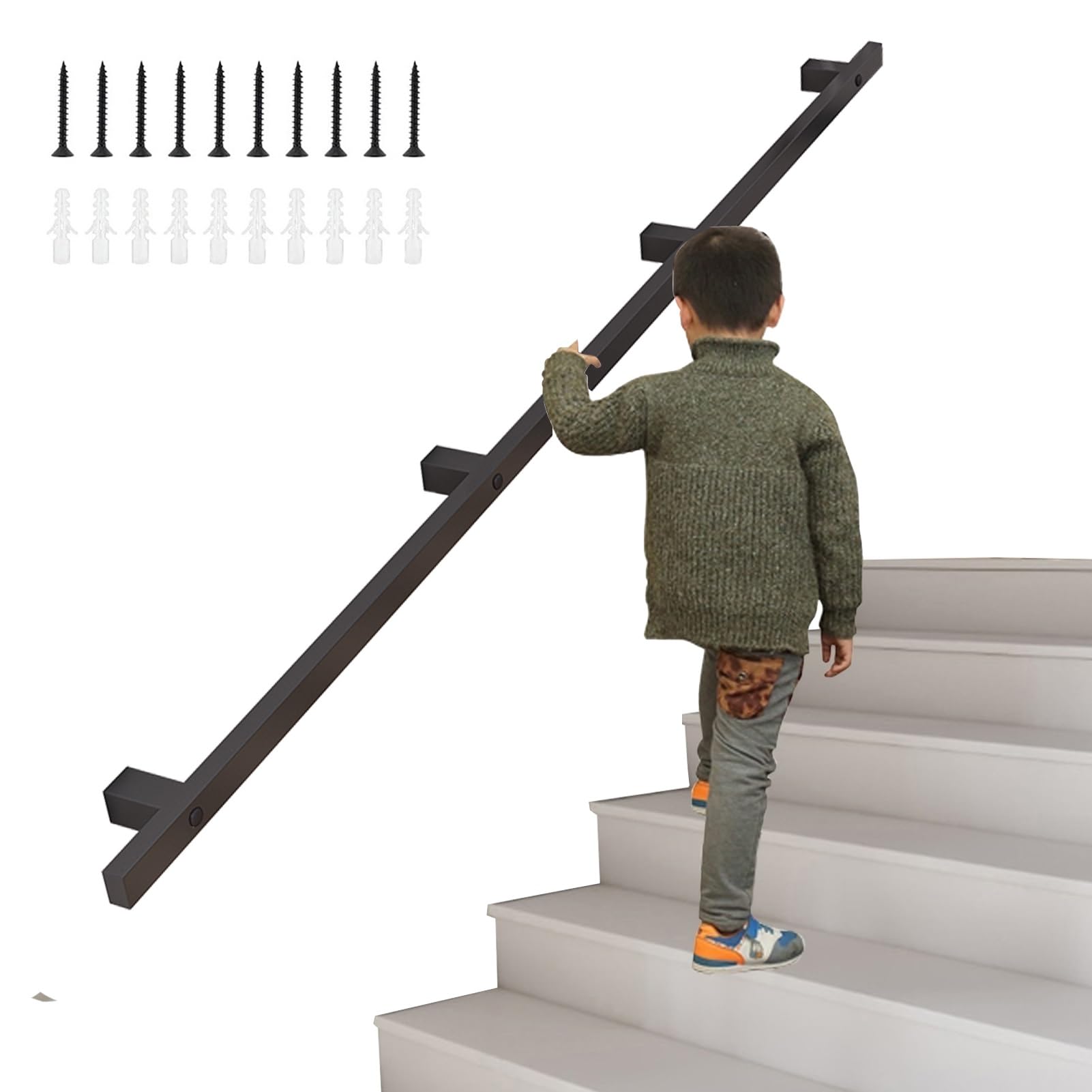 Fkxsxaz Black Stair Railing Indoor Metal Hand Rails For Outdoor Stairs, Wall Mounted Handrail Steps Industrial Iron Pipe Banister Rail Kit With Brackets Non-Slip Grab Bar(19Ft/570Cm)