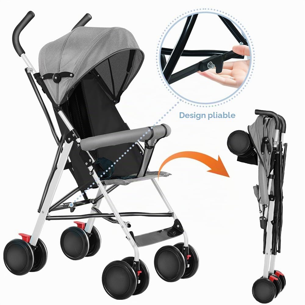 Poussette Bebe Confort,Poussette Canne Compacte 0-15kg,Poussette de Voyage avec Cotons et Moustiquaire,Roue Absorbant Les Chocs et Antidéflagrante (G1-gris)