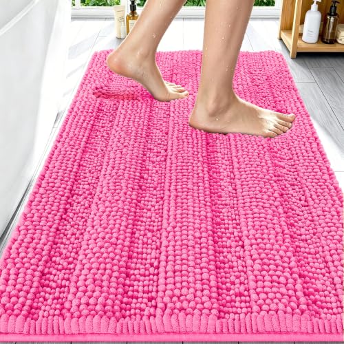 Image of Smiry Thick Chenille Bathroom Rugs 30x20, Extra Soft Absorbent Striped Bath Mat, Machine Washable, Rubber Backing, Bath Rugs for Bathroom, Tub & Shower, Home Decor Accessories, Hot Pink
