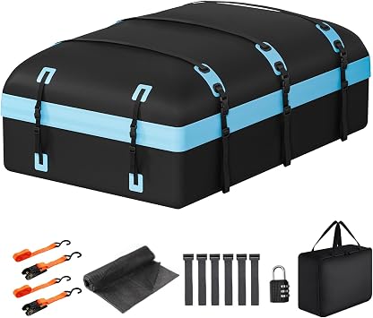 Car Rooftop Cargo Carrier Bag, 30 Cubic Feet Waterproof Soft-Shell Car Roof Bag for All Vehicle with/Without Rack, Include Anti-Slip Mat, Reinforced Straps, Door Hooks Luggage Lock Blue