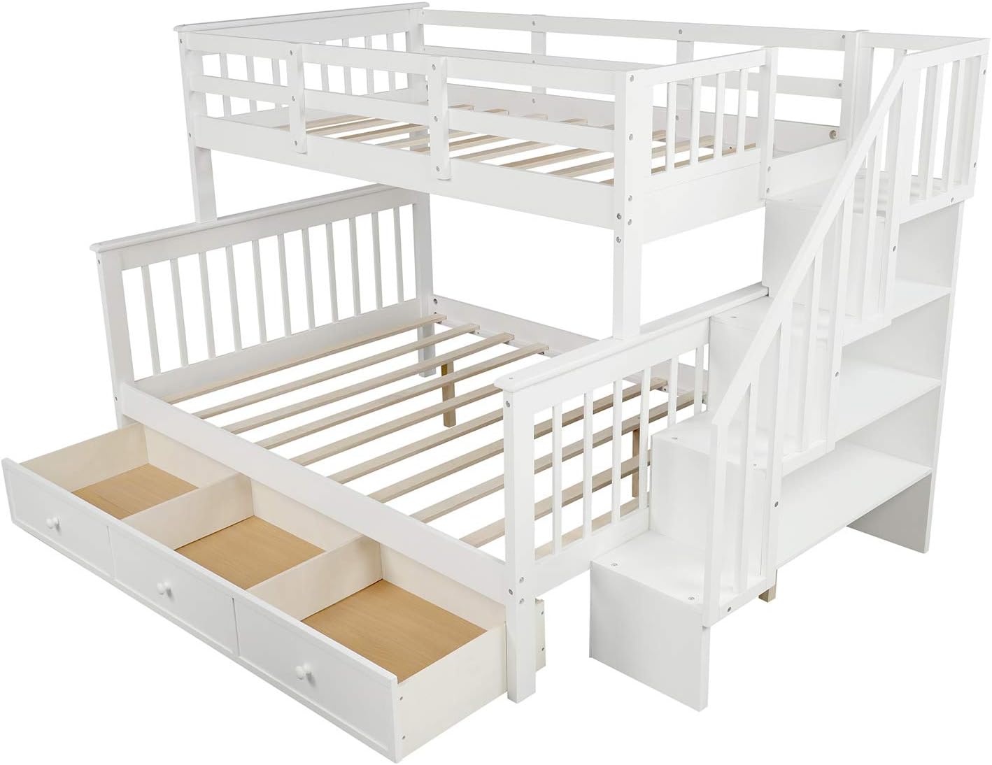 SOFTSEA Twin Over Full Bunk Bed with Shelves and Staircase, Solid Wood Bunk Bed Frame with Drawers, Bunk Bed with Guard Rail for Kids, Can Be Converted into 2 Beds, No Box Spring Needed (White)