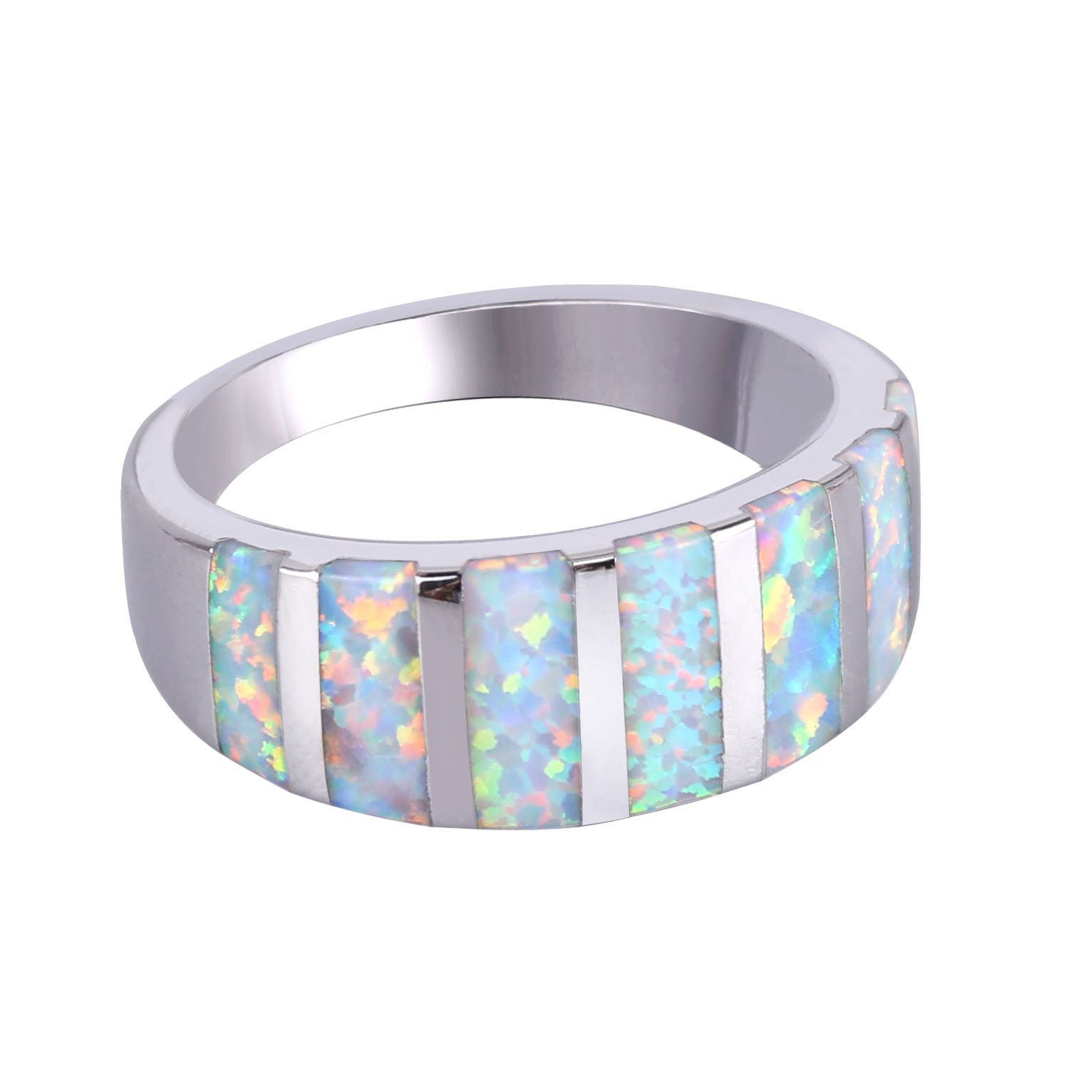 Women's 925 Silver Half Eternity Mix Color Opal Inlay Pave Striped Band Dome Promise Ring