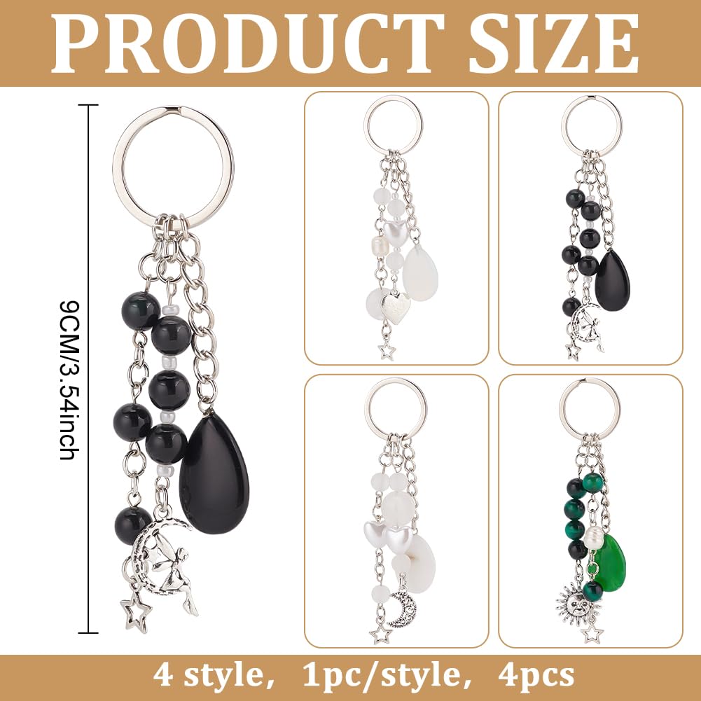 DELORIGIN 4pcs Natural Gemstone Keyrings, Crystal Stone Keychain