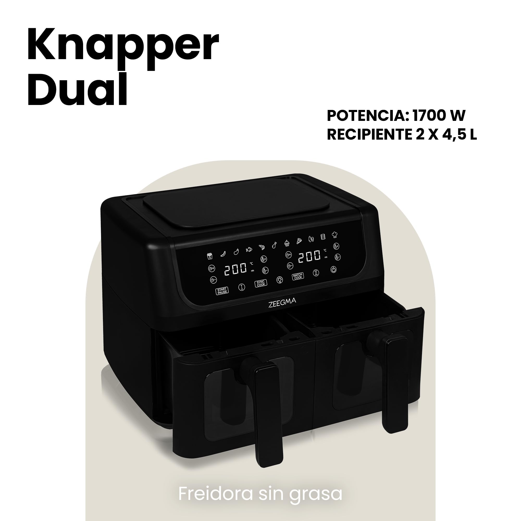 ZEEGMA KNAPPER DUAL Freidora de Aire Con Compartimento Doble 1700 W, 2 Compartimentos, 9 L de Capacidad, 11 Programas, Temperatura 60-200 °C Calentamiento Instantáneo 60 s Panel táctil
