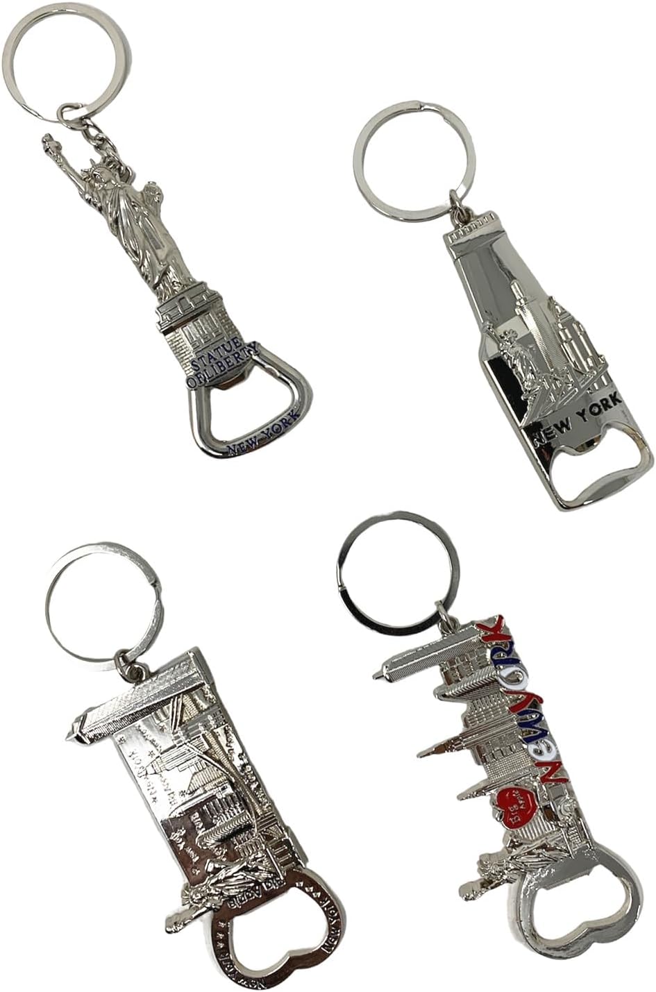 TSY TOOL 12 Pack Silver NYC Souvenir Keychain Collection, New York Metal Keychain Ring Bundle, Bulk, Includes Statue Of Liberty, Empire State, Broadway, Metro, Taxi, Big Apple, 4 Pc Bottle Opener