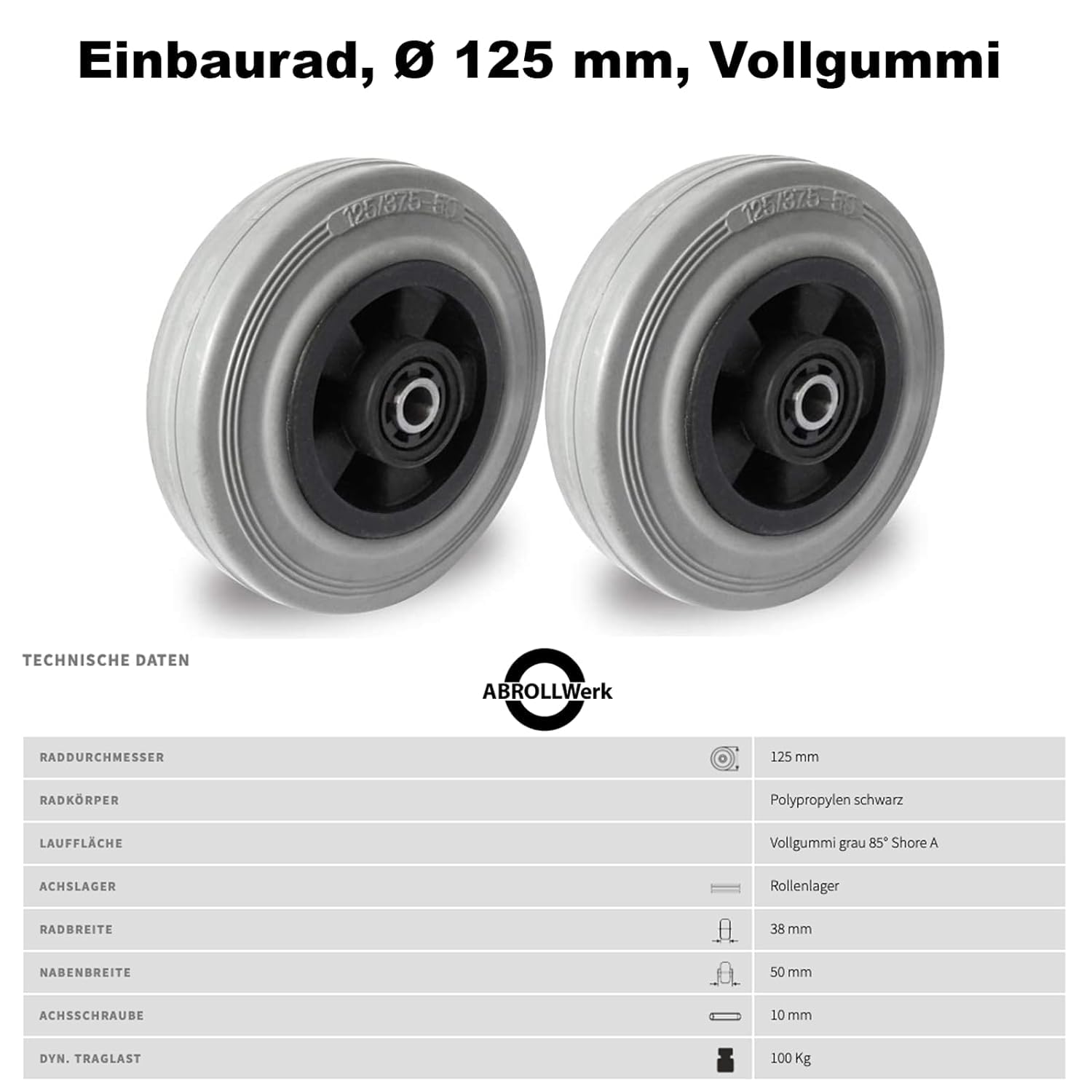 Juego de ruedas de 125 mm de goma gris sin dejar rastro con accesorios para ejes M10, ruedas de transporte de polipropileno/goma maciza PAK 3, calidad gris, con rodamientos (juego de 4