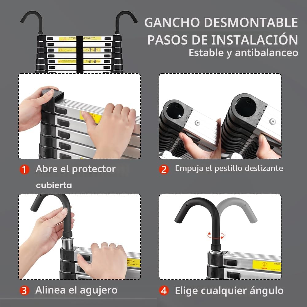 STANEW Escalera Telescópica de 3.8 m de Aluminio, Plegable, Reposabrazos Extraíble, Multifunción Portátil Plegable Extensible, Carga Máxima de 150 kg