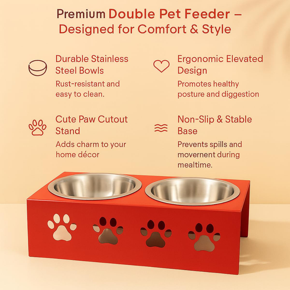 Metal Red Stylish Dog Bowl Stand | 2 Stainless Steel Bowls for Raised Dogs & Cats | Elevated Dog Food Removable Bowls | Pet Feeder & Water Dispenser for All Breeds Paw Design (Set of 2, Each 900ml) 3