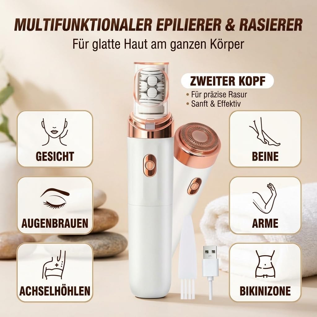 epibella gesichtsepilierer Mini Elektrischer Epilierer Doppelkopf-Rasierer Gesichtshaarentfernung Sanfte Reinigung Pflege Werkzeug (Weiß)