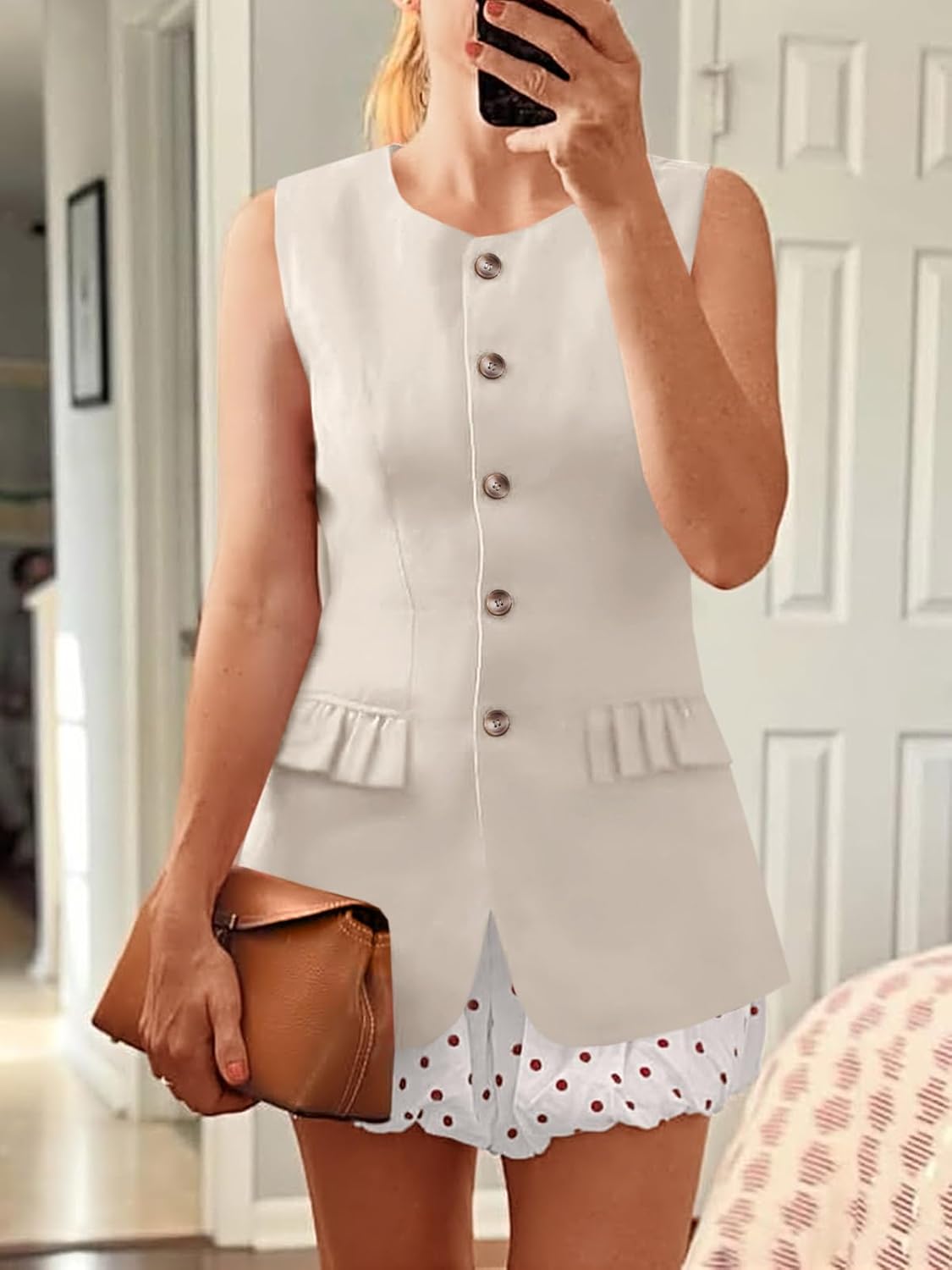 Cicy Bell Womens Blazer Vest Tops Crew Neck Ruffle Flap Pockets Sleeveless Suit Vests Summer Business Casual Outfits - Image 2