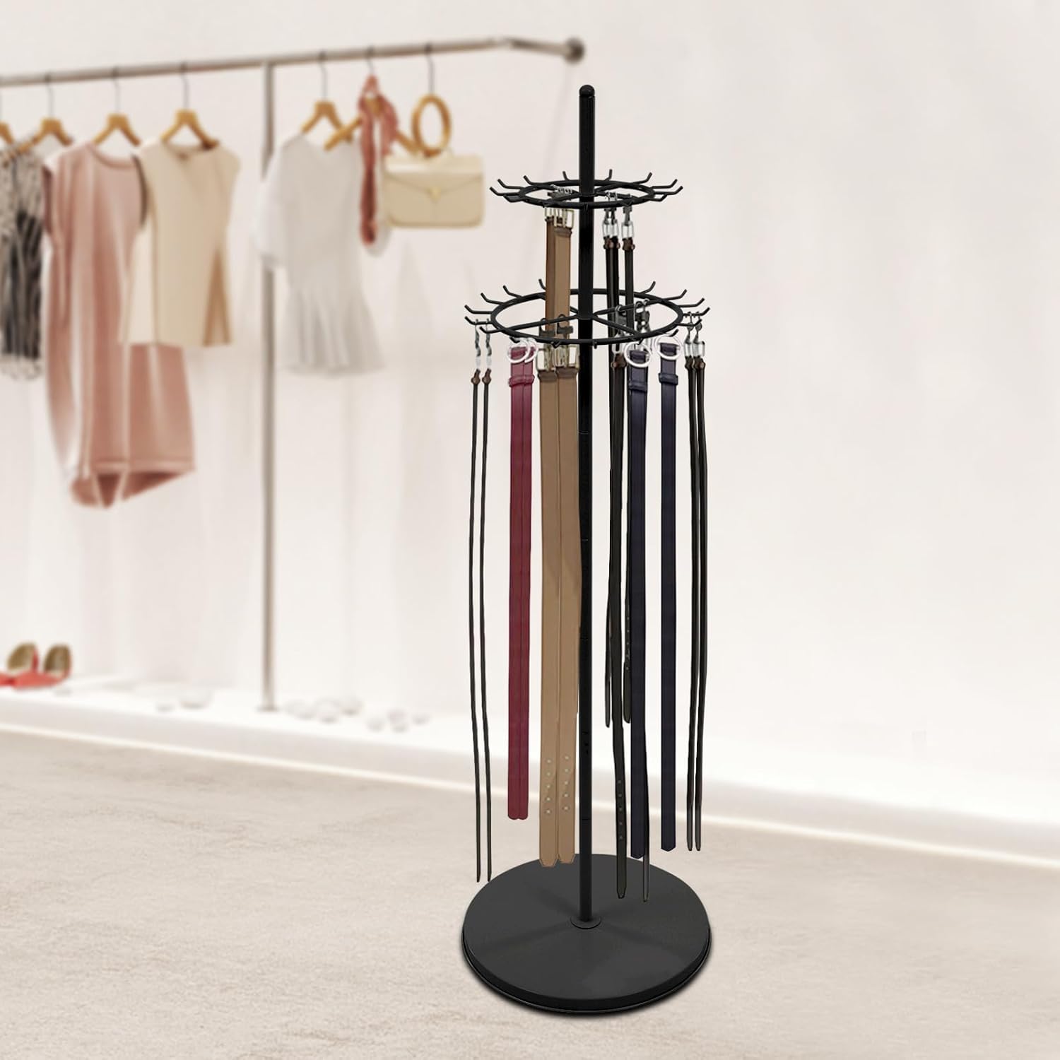 Belt Display, 66.1in Metal Retail Tie Rack Hanger Organizer, Steel Scarf Stand Shawls Purse Shelf, for Home and Commercial use in Boutiques, Clothing Stores, Retail Stores (Black)
