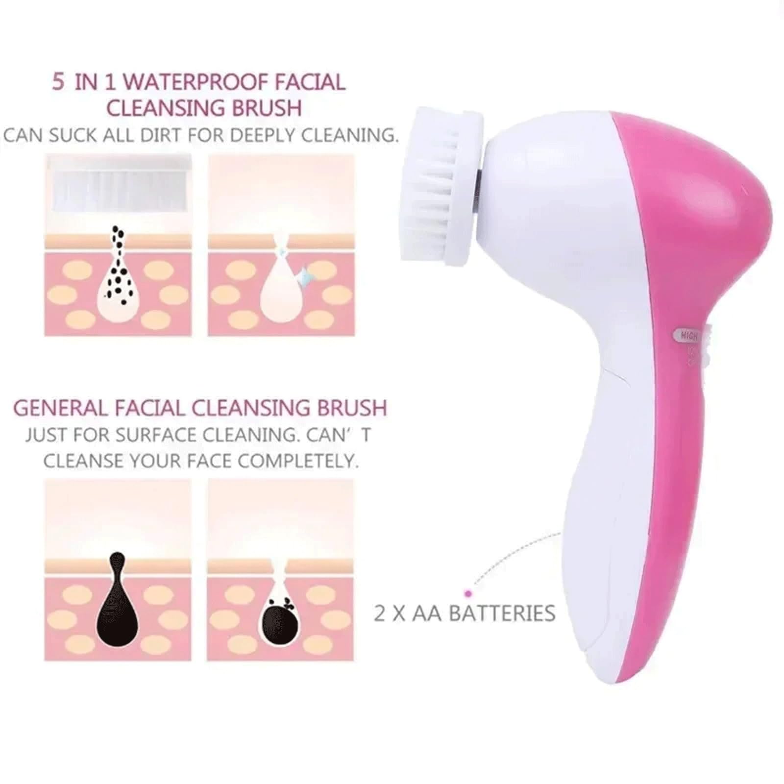 Brosse nettoyante 5 en 1 pour le visage - Portable - Pour homme et femme - Exfoliant, massant et nettoyant en profondeur - Rose