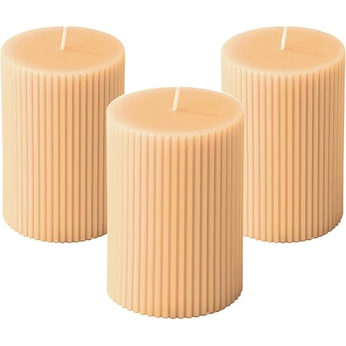Ribbed Pillar Candles Champagne Yellow Unscented, 2.75x4 Inches Textured Pillar Candles Handmade, 3-Pack Aesthetic Decorative Candle Set for Home Décor