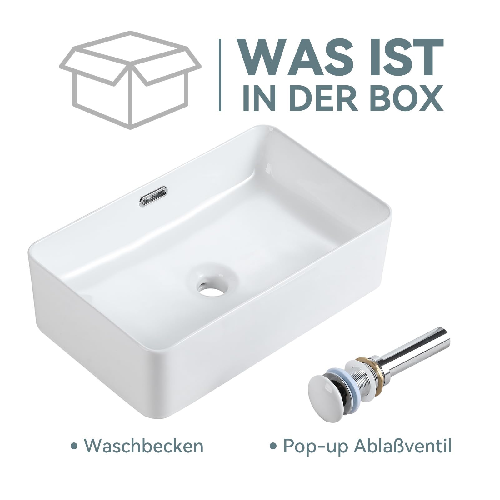 Lavabo à poser, en céramique, rectangulaire, à bord fin, pour invités, blanc, avec valve de vidange pop-up, avec trop-plein, 48 × 31,5 × 14 cm