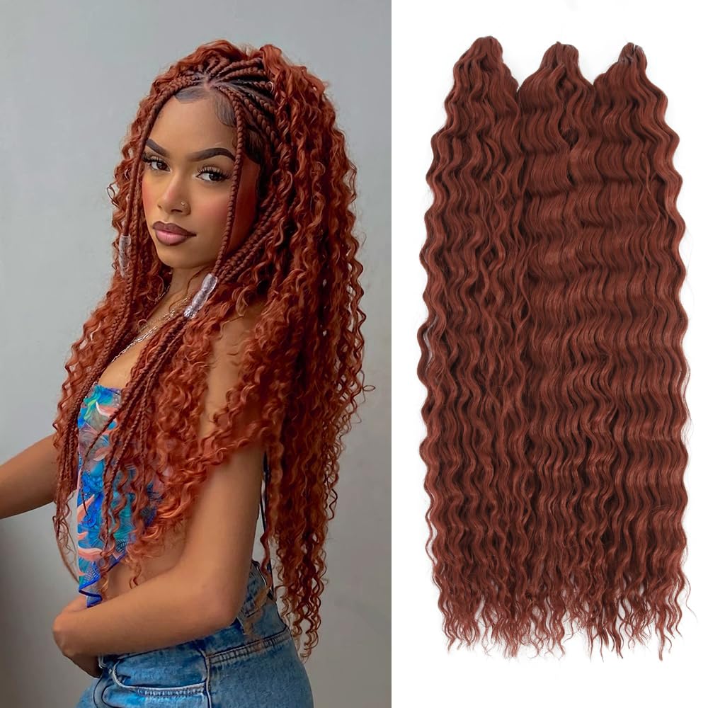Felek Ocean Wave Crochet Braiding Hair 30inch 3 Packs Copper Red Long Water Wave Wavy Deep Curly Crochet Braids Hair For Black Women (Reddish Brown,