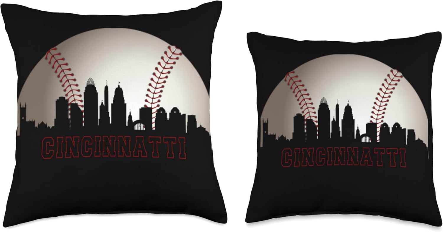 Cincy Baseball Downtown Cincinnati Ohio Skyline Home Art Throw Pillow