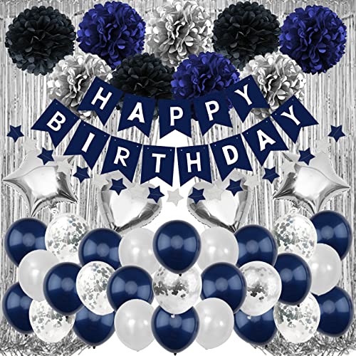 Recosis Geburtstagsdeko Männer, Marineblau Geburtstag Dekoration Happy Birthday Girlande Regenvorhang Papierbommelblume Luftballon Konfetti für Mann Frauen Junge Mädchen Party Dekoration Cover