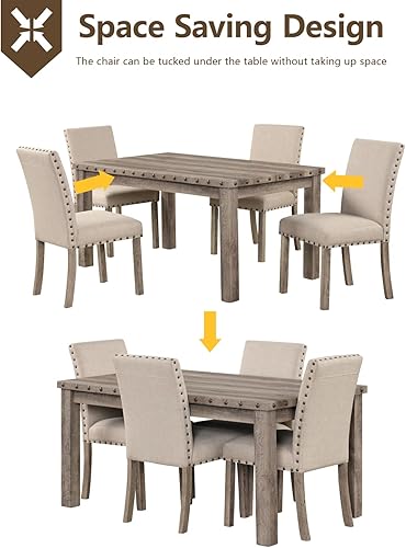 Miniatura 8 de Morden Fort Juego de Comedor Estilo Granja para 4, Mesa Rectangular de Madera de 60" y 4 Sillas Tapizadas con Detalles de Tachuelas, Juego de Mesa
